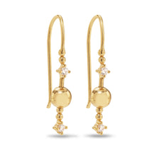 Load image into Gallery viewer, Venus Stars 925 sterling silver 14-karat gold plated hook earrings. The Venus Stars consist of two bright sparkling zirconia stars circling a great golden sphere. Ear rings from the Kinz Kanaan Rhytm collection. 
