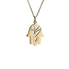 Load image into Gallery viewer, Fatima&#39;s Hand gold pendant (14-karat). Protecting gold amulet from the Kinz Kanaan Arabic Love collection. nordic design gold earrings necklace golden hand pendent hamsa hand hamsa hand pendant hand fatimas hand pendant sterling silver scandic design jewellery gold danish design cosmos light Gold Plated Silver Gold (14-karat) smykke smykker halskæde guld
