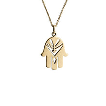 Indlæs billede til gallerivisning Fatima's Hand gold pendant (14-karat). Protecting gold amulet from the Kinz Kanaan Arabic Love collection. nordic design gold earrings necklace golden hand pendent hamsa hand hamsa hand pendant hand fatimas hand pendant sterling silver scandic design jewellery gold danish design cosmos light Gold Plated Silver Gold (14-karat) smykke smykker halskæde guld