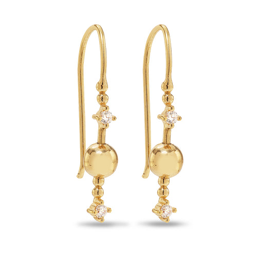 Venus Stars 925 sterling silver 14-karat gold plated hook earrings. The Venus Stars consist of two bright sparkling zirconia stars circling a great golden sphere. Ear rings from the Kinz Kanaan Rhytm collection. 