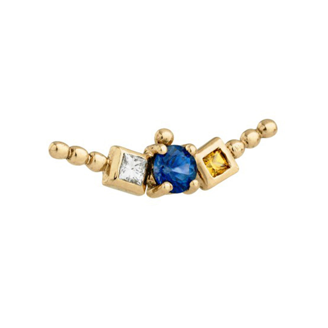 Adive gold earring with diamond and blue sapphire. From the KinzKanaan debut First Light Collection. Jewellery design balancing Arabic Craftmanship and Nordic design.